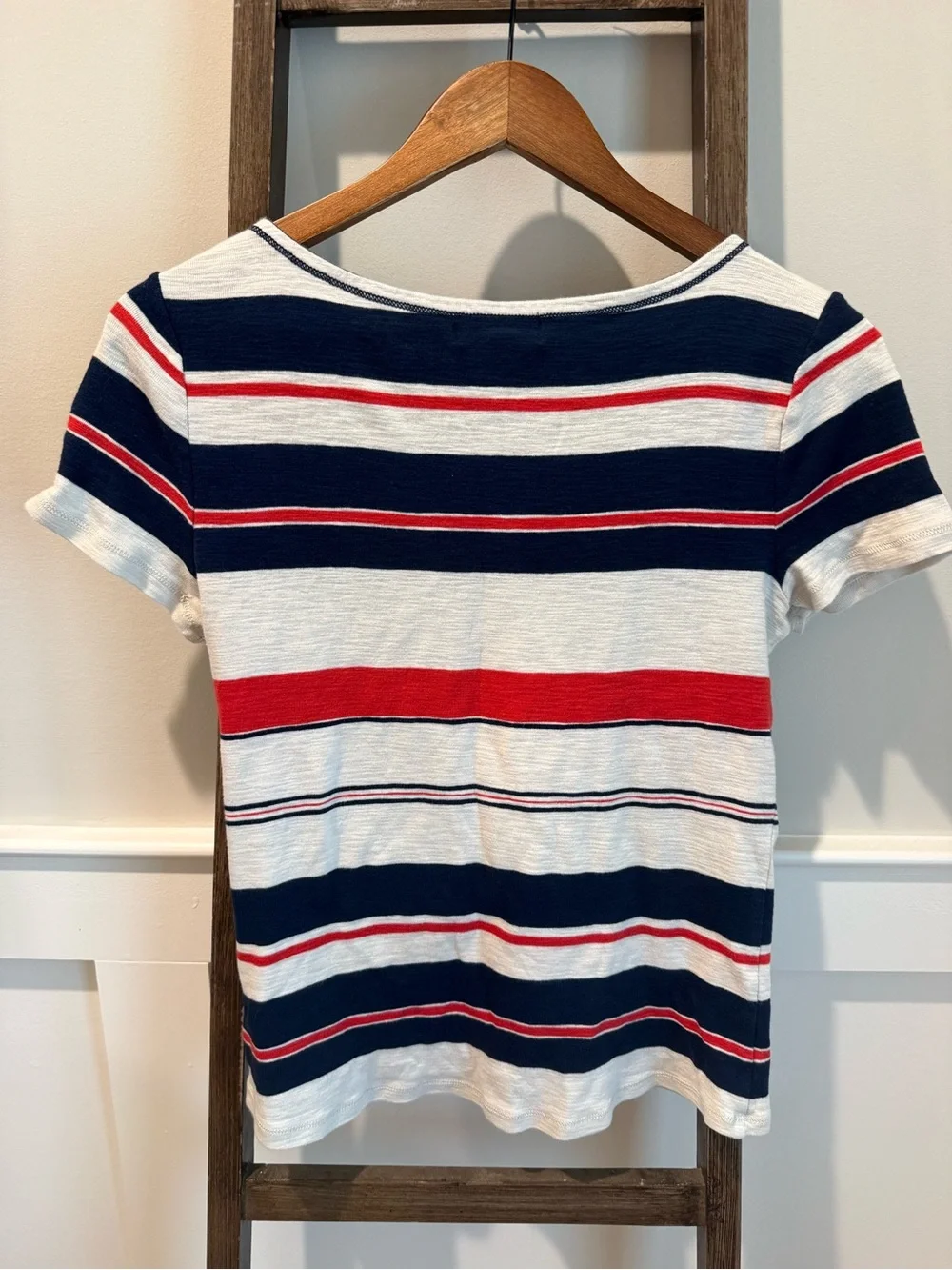 Ralph Lauren Navy, White & Red Striped Short Sleeve Tee with Shoulder Buttons